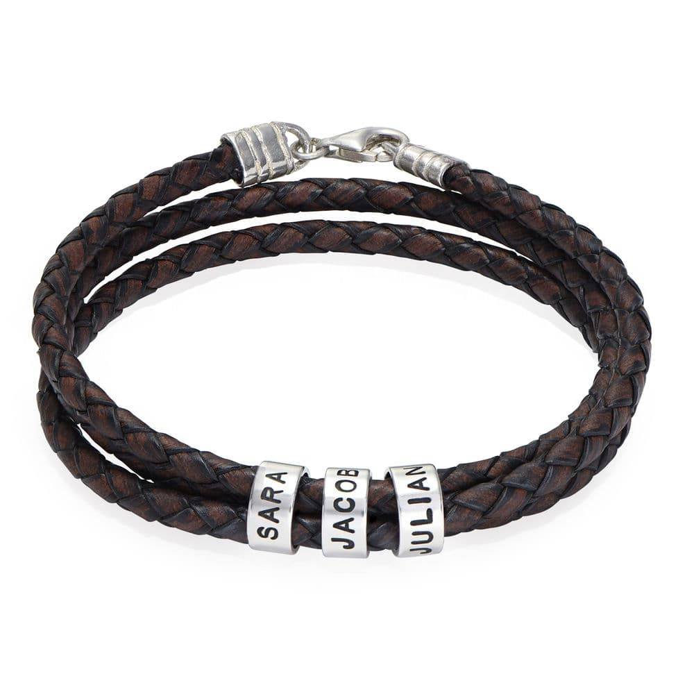 Navigator Braided Brown Leather Bracelet with Custom Beads in Silver product photo