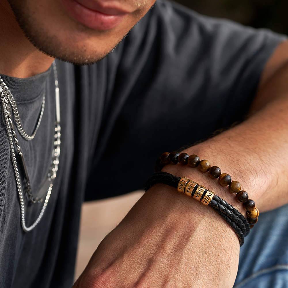 Navigator Braided Leather Bracelet with Small Custom Beads in 18ct Gold Vermeil-5 product photo