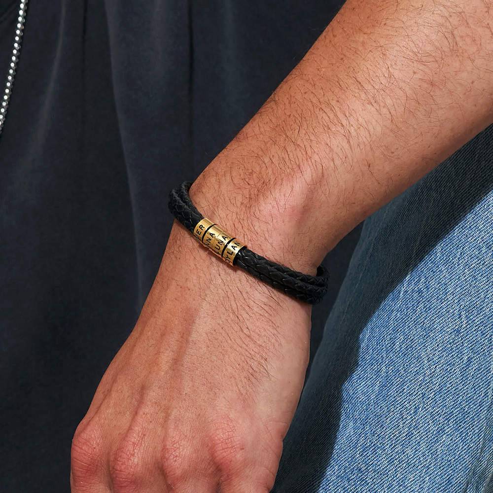 Navigator gevlochten leren armband met kleine gepersonaliseerde kralen in 18k goud vermeil-2 Productfoto