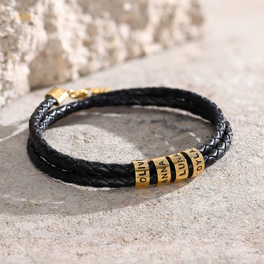 Navigator Braided Leather Bracelet with Small Custom Beads in Gold Plating product photo