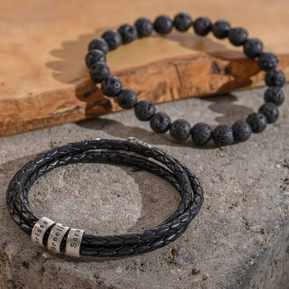 Navigator Braided Leather Bracelet for Men with Small Custom Beads in Silver-5 product photo