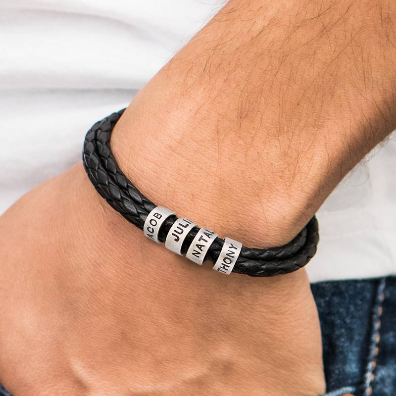 Navigator Flettet Sort Læderarmbånd med Personlige Perler i 925 Sterlingsølv-4 produkt billede