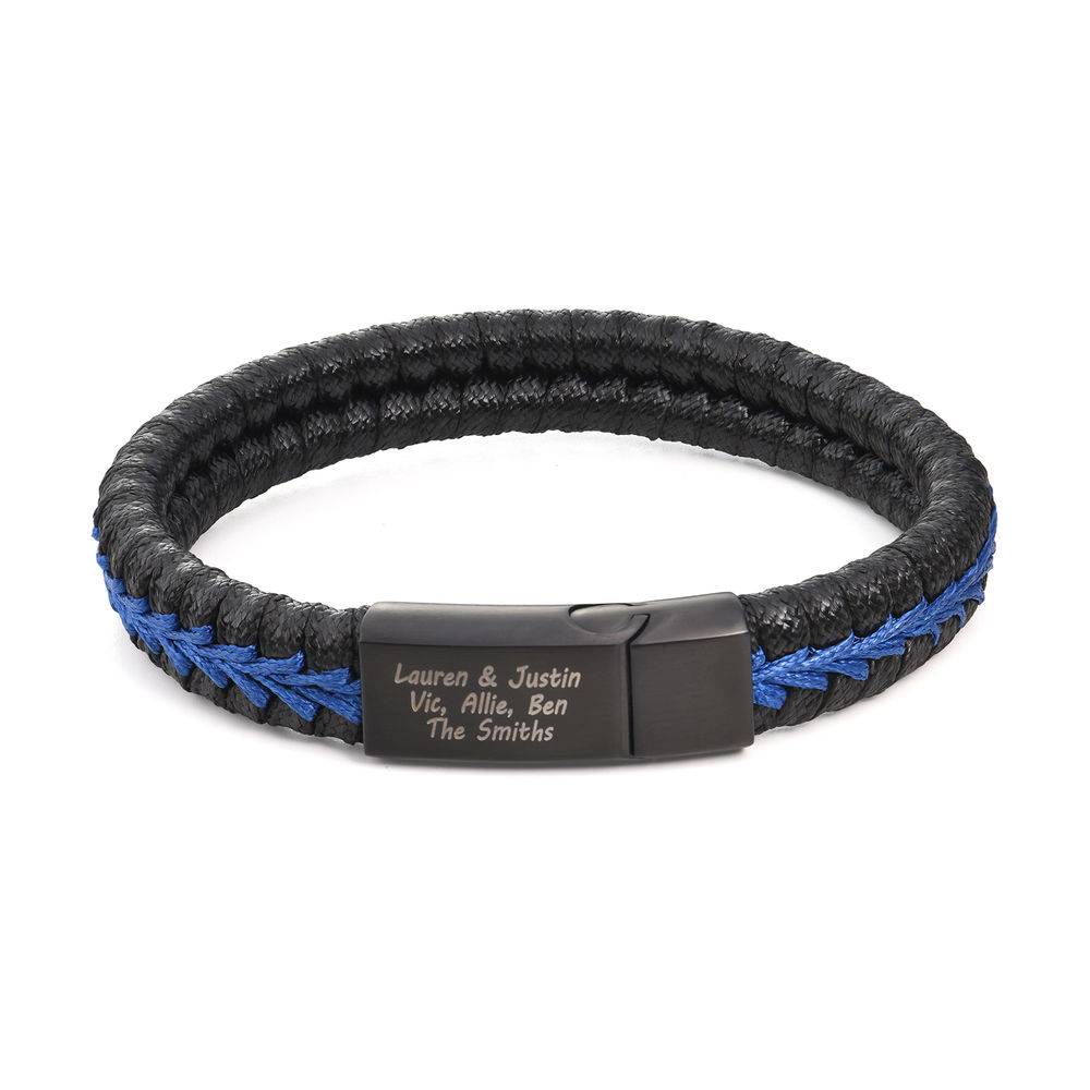 Gegraveerde Heren Armband in Matzwart en Zwart met Blauw Leer-1 Productfoto