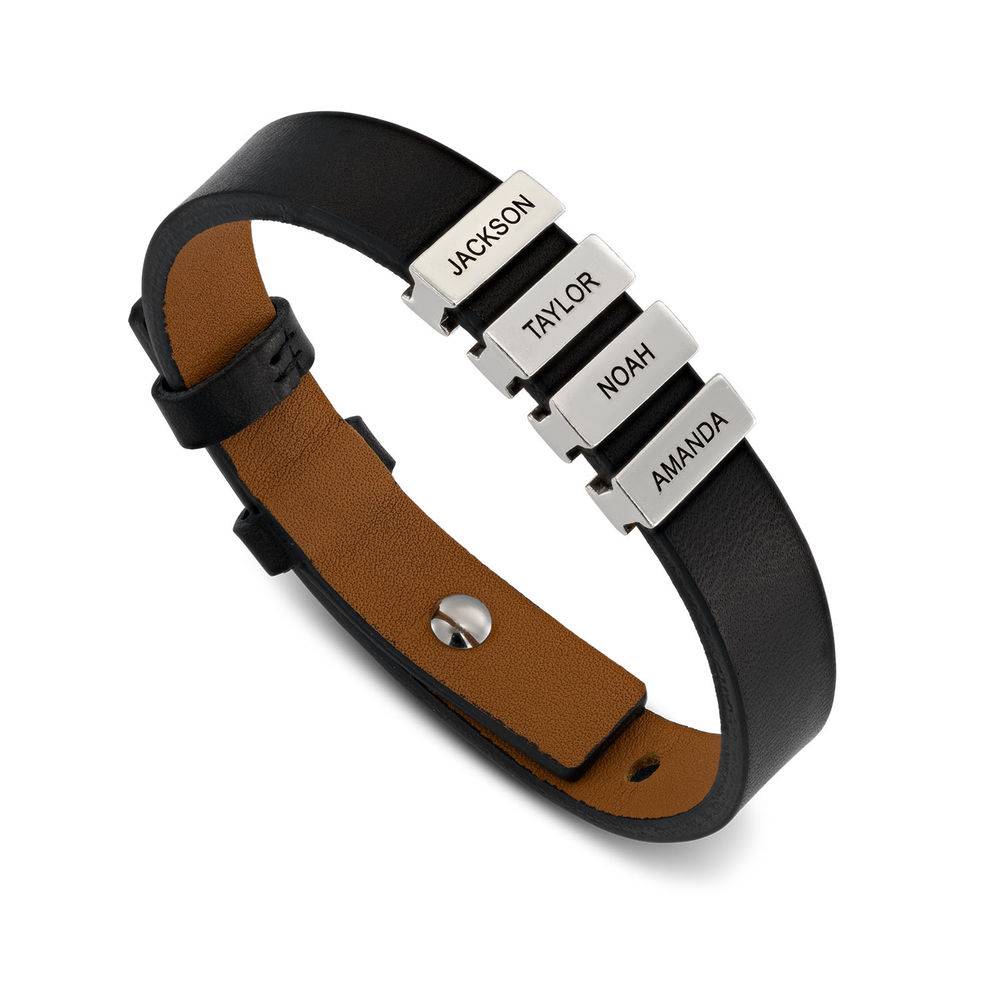 Voyage Men's Leather Bracelet with Custom Bricks Black in Sterling Silver-3 product photo