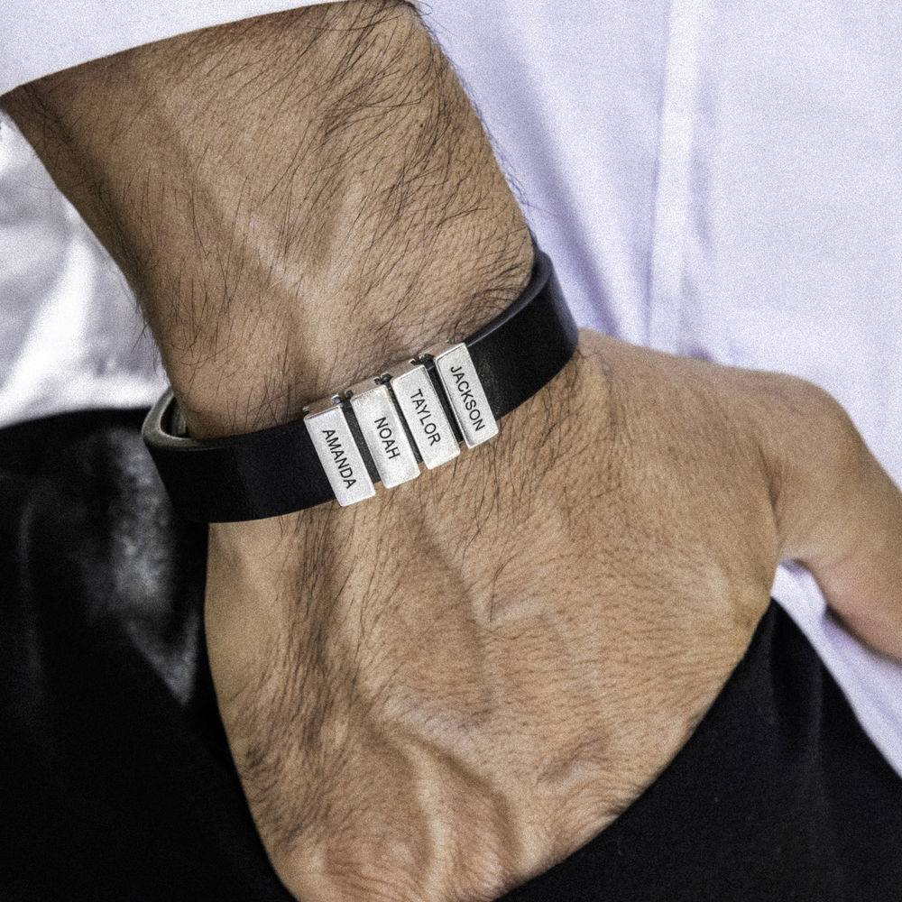 Voyage Men's Leather Bracelet with Custom Silver Bricks in Black-4 product photo