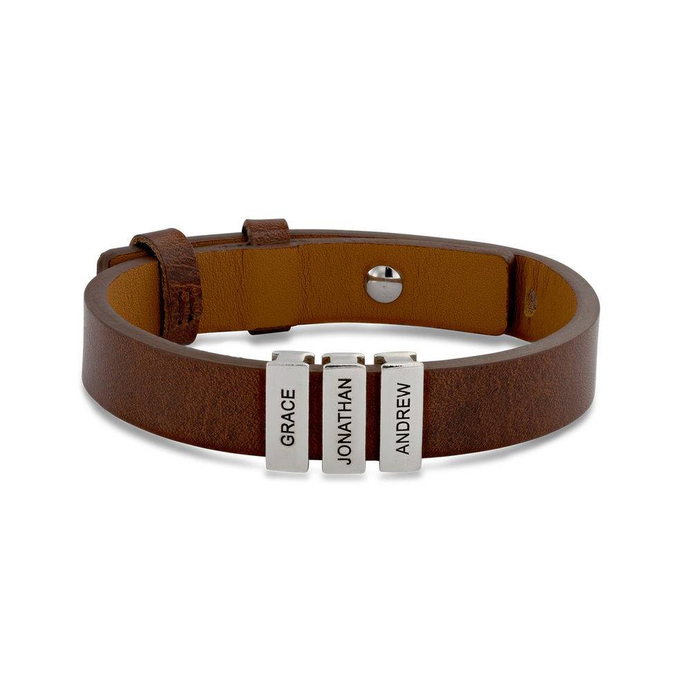 Voyage Men's Leather Bracelet with Custom Silver Bricks in Brown-1 product photo