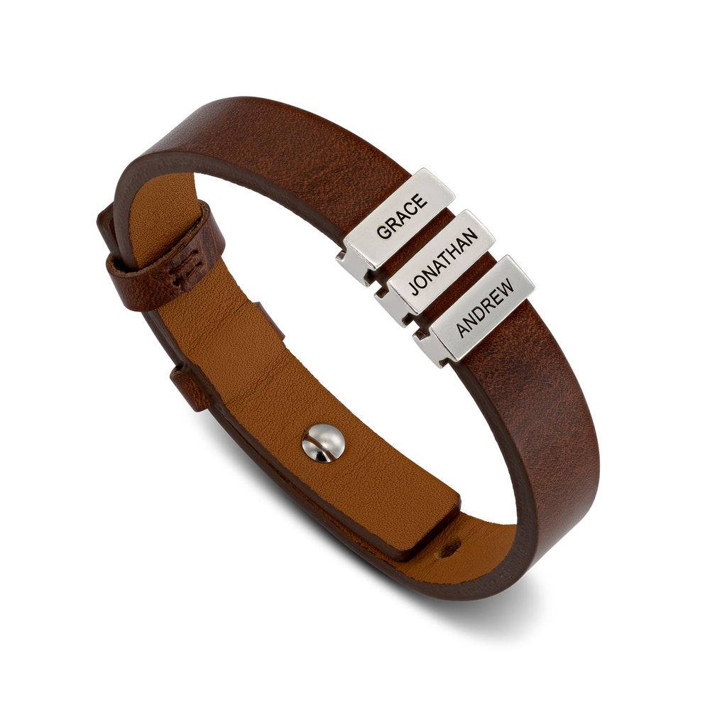 Voyage Men's Leather Bracelet with Custom Silver Bricks in Brown-4 product photo