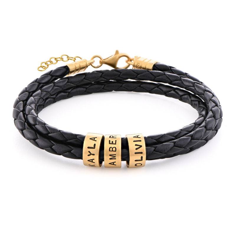 Schwarzes geflochtenes Lederarmband mit vergoldeten personalisierten Beads für Frauen-3 Produktfoto