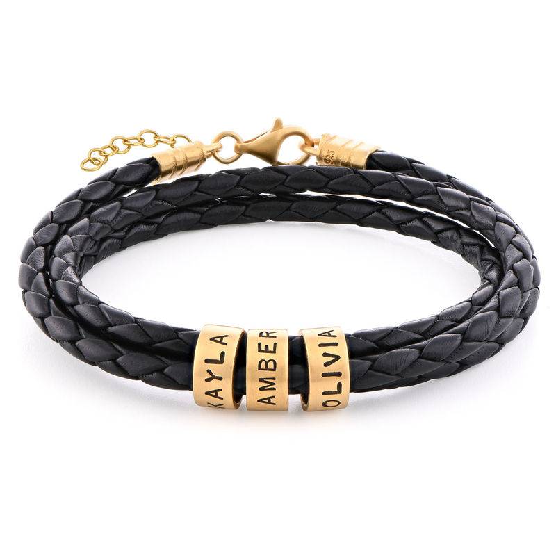 Women Braided Leather Bracelet with Small Custom Beads in 18ct Gold Vermeil product photo