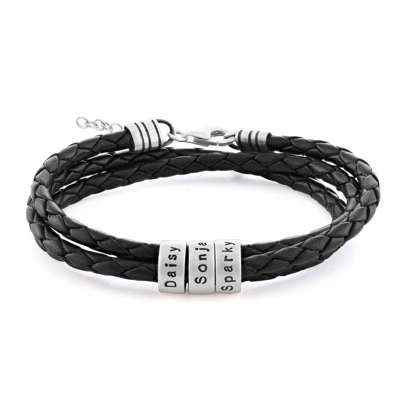 Women Braided Leather Bracelet with Small Custom Beads in Silver