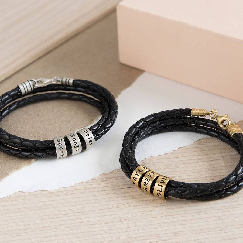 Schwarzes geflochtenes Lederarmband mit silbernen personalisierten Beads für Frauen-5 Produktfoto