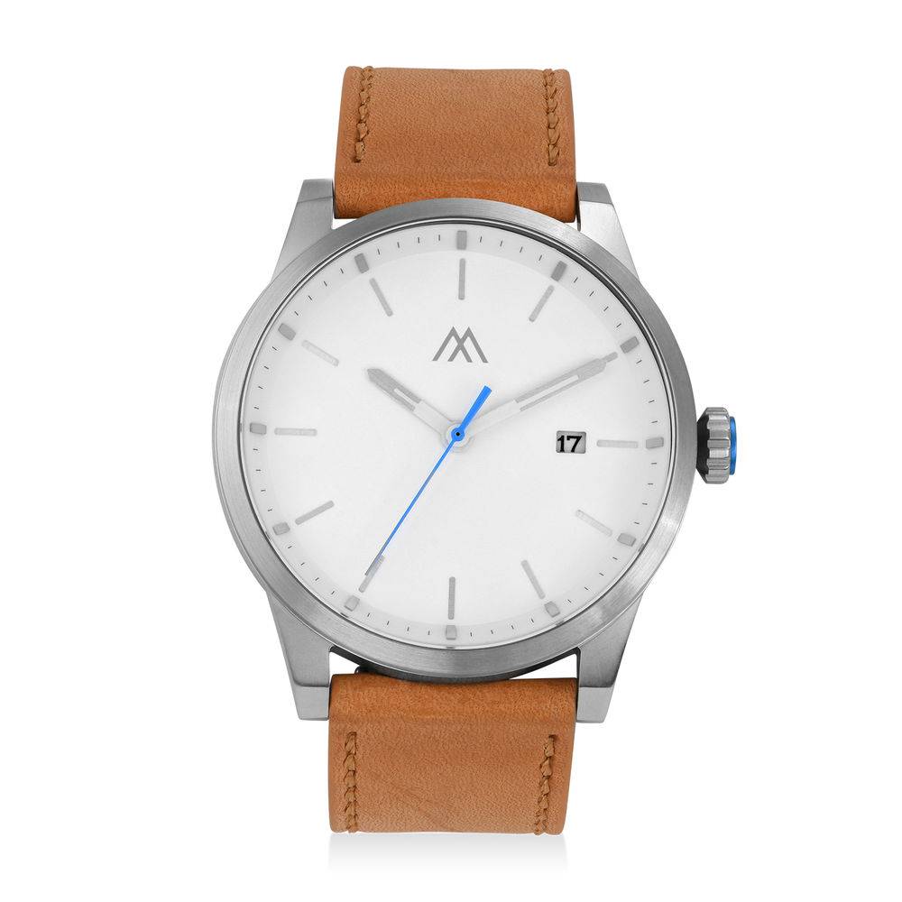 Odysseus Day Date minimalistische horloge met camel kleurige lederen horloge-8 Productfoto