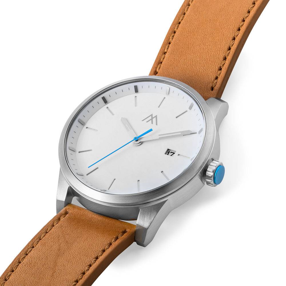 Odysseus Day Date minimalistische horloge met camel kleurige lederen horloge-8 Productfoto