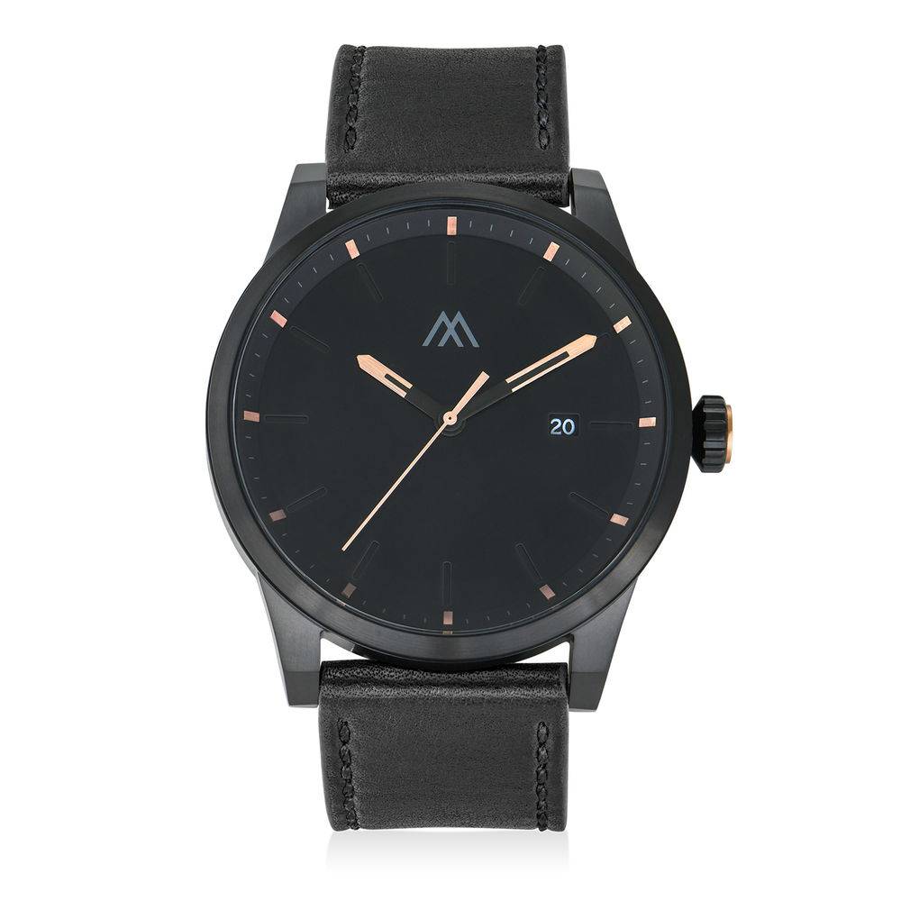 Odysseus Day Date minimalistische horloge met zwart lederen band Productfoto
