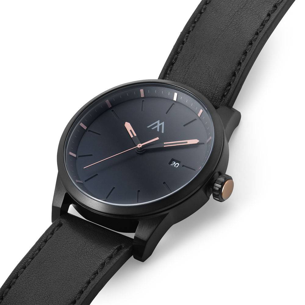 Odysseus Day Date minimalistische horloge met zwart lederen band-4 Productfoto