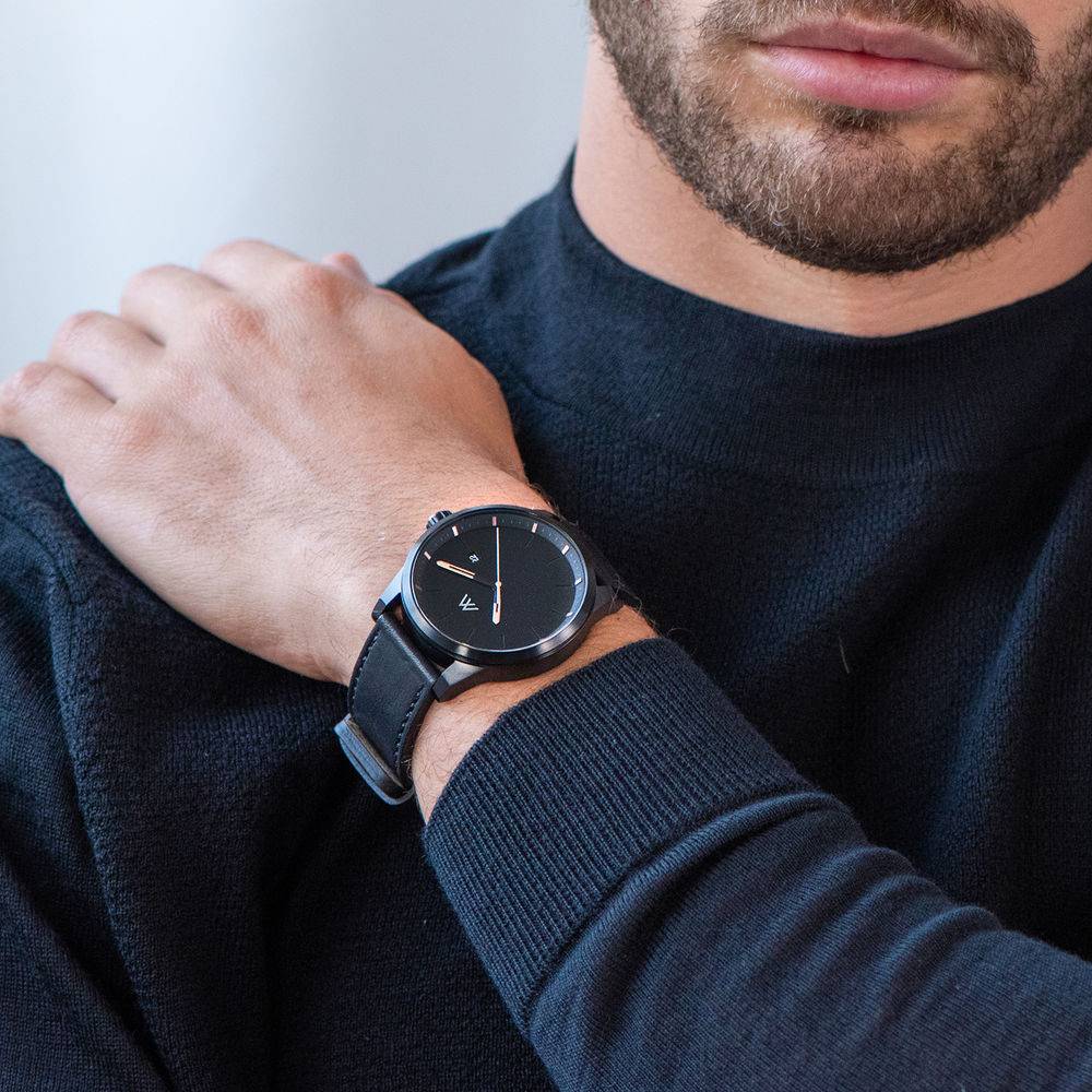 Odysseus Day Date minimalistische horloge met zwart lederen band-7 Productfoto