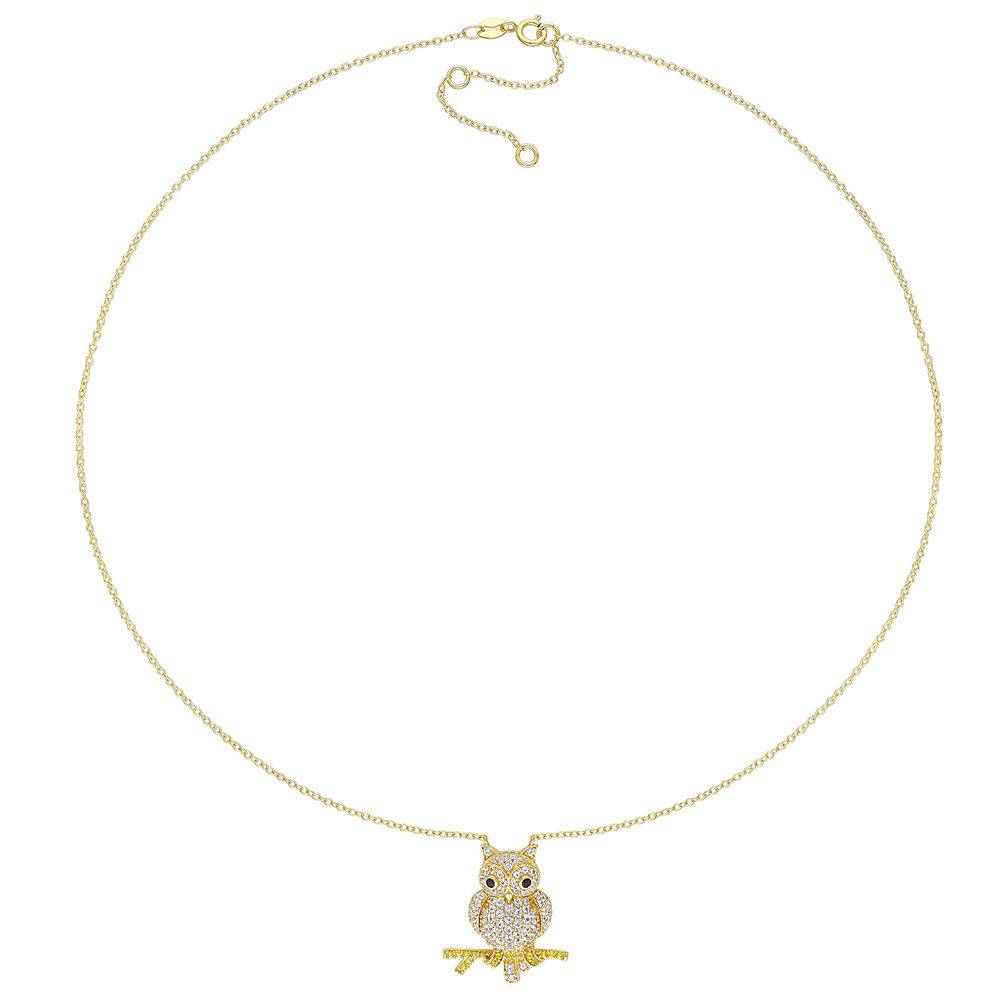 Owl Necklace with Lab-Created White and Yellow Sapphires & Black Spinel in Gold Plated Sterling Silver product photo