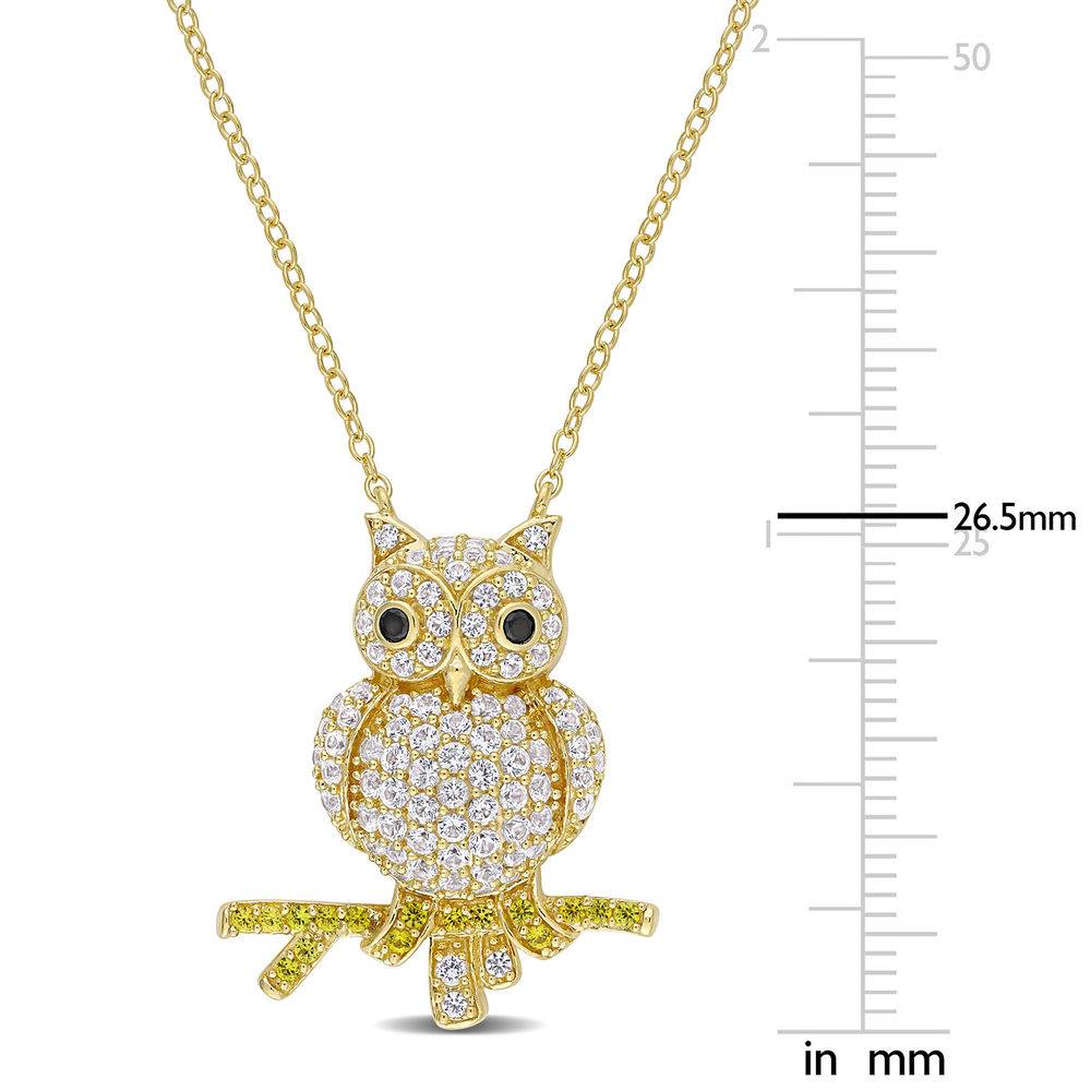 Owl Necklace with Lab-Created White and Yellow Sapphires & Black Spinel in Gold Plated Sterling Silver product photo