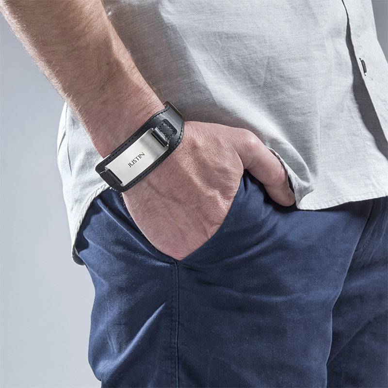 Men's ID Bracelet in Black Leather-1 product photo