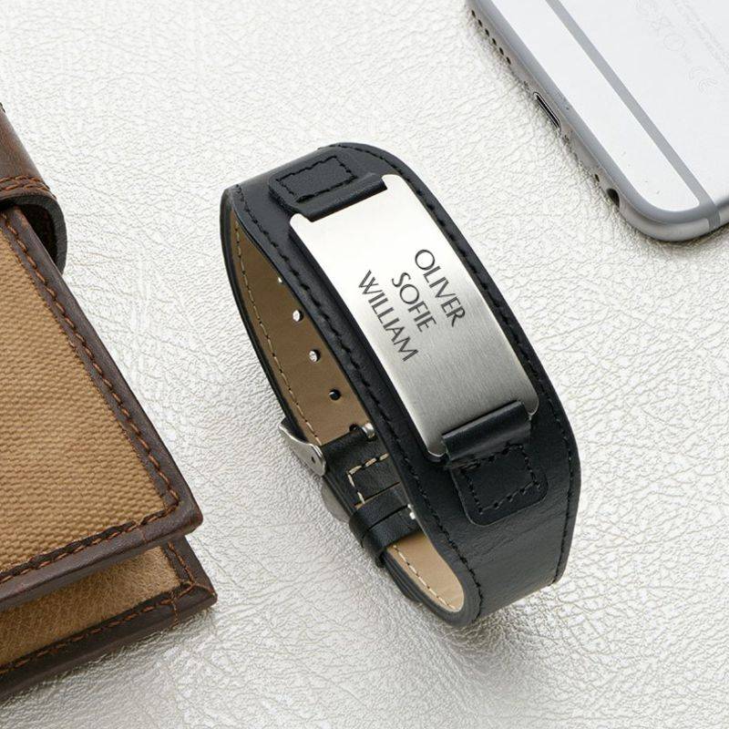 Men's ID Bracelet in Black Leather-5 product photo