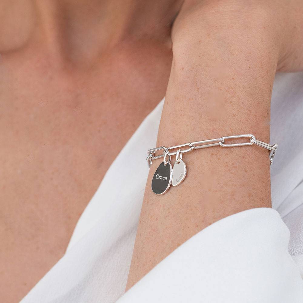 Hazel Personalized Paperclip Chain Link Bracelet with Engraved Charms in Sterling Silver product photo