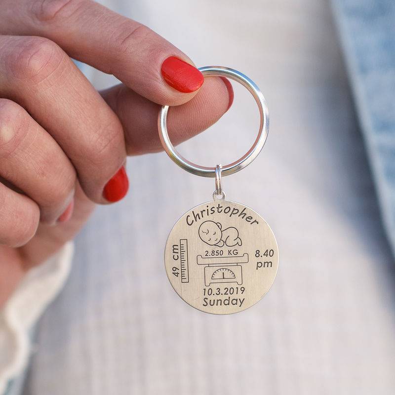 Personalized Engraved Baby Birth Keychain in Sterling Silver product photo