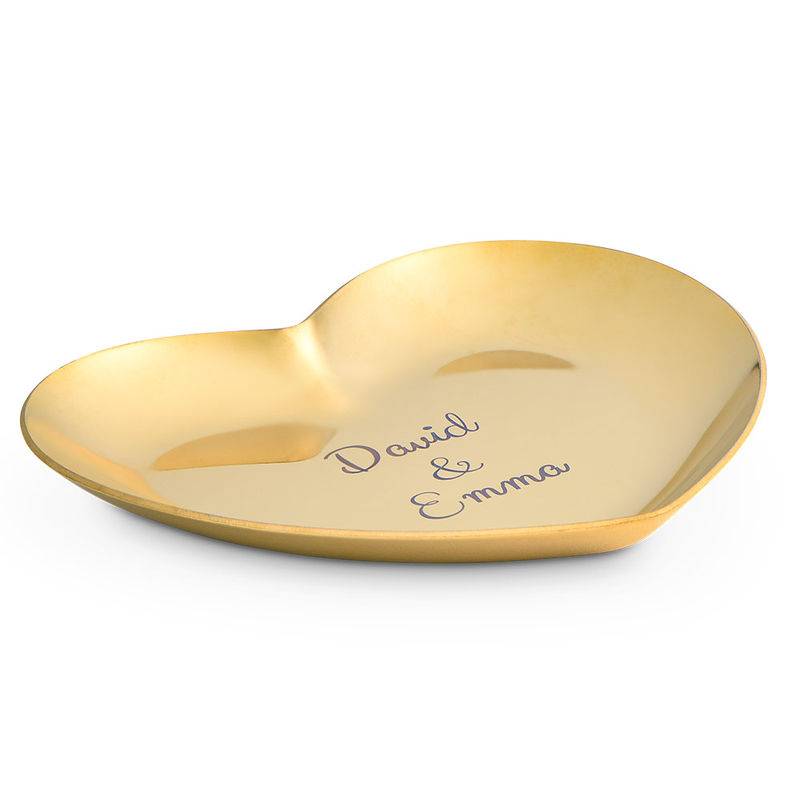 Herzförmige goldfarbene Schmuckablage mit Gravur-2 Produktfoto