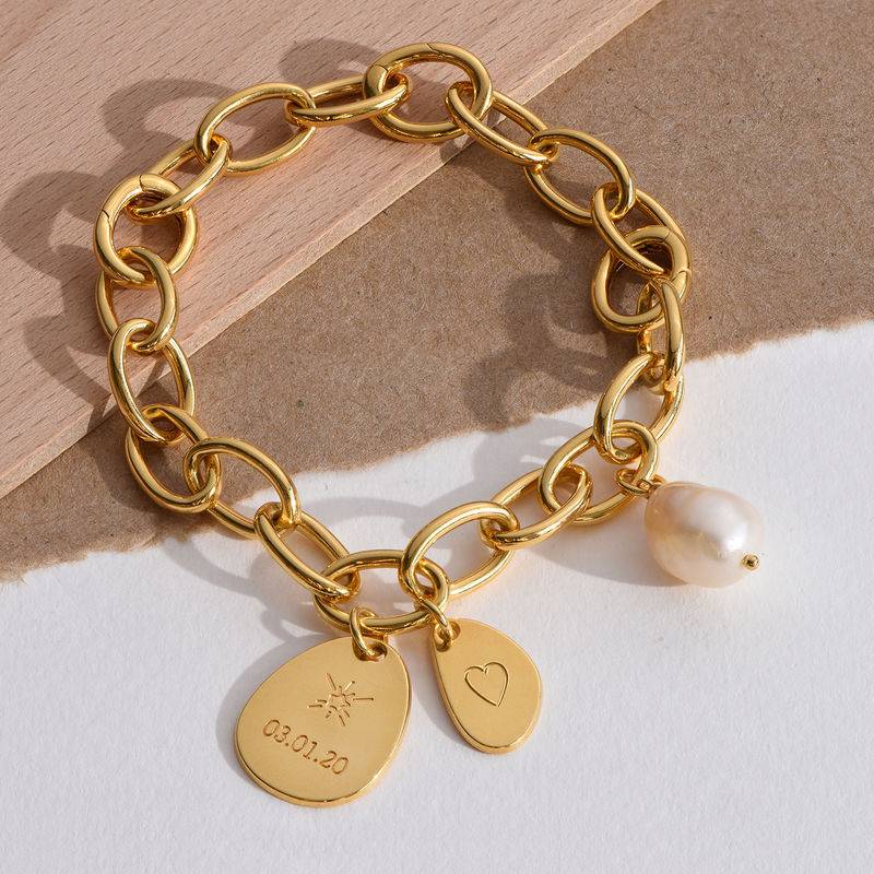 Personalized Round Chain Link Bracelet with Engraved Charms in 18K Gold Plating-2 product photo
