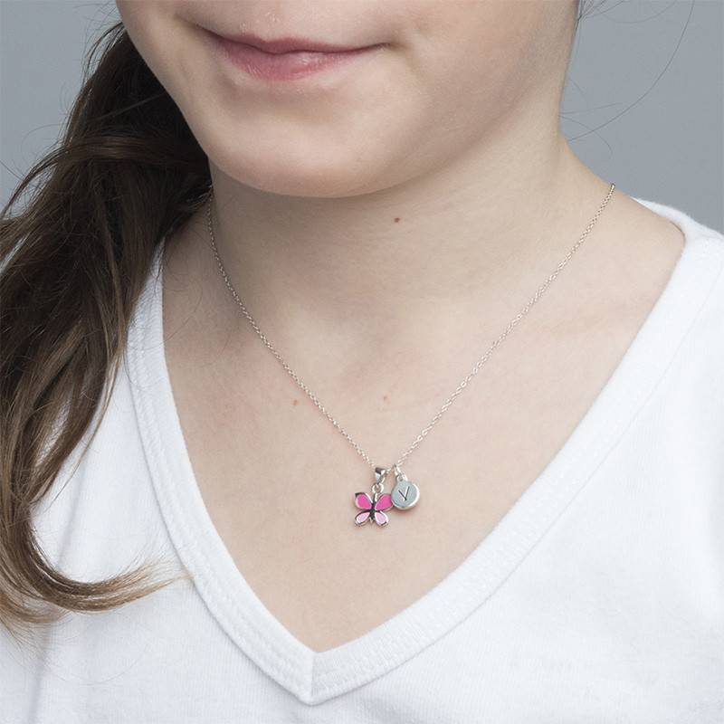 Pink Butterfly Necklace for Kids with Initial Charm product photo