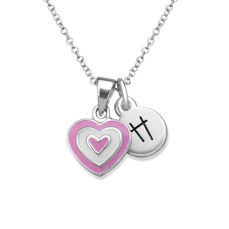 Pink Heart Necklace for Kids with Initial Charm in Sterling Silver-2 product photo