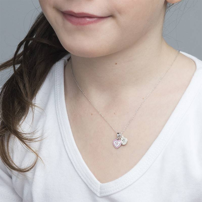 Pink Heart Necklace for Kids with Initial Charm in Sterling Silver-3 product photo