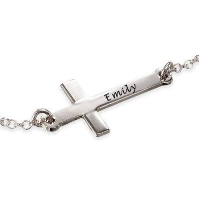 Engraved Side Cross Bracelet in Sterling Silver-1 product photo