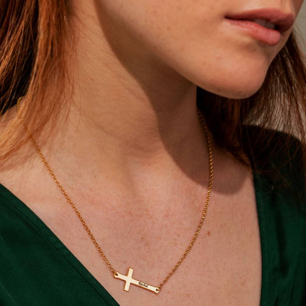 Side Cross Engraved Necklace in Gold Vermeil-2 product photo