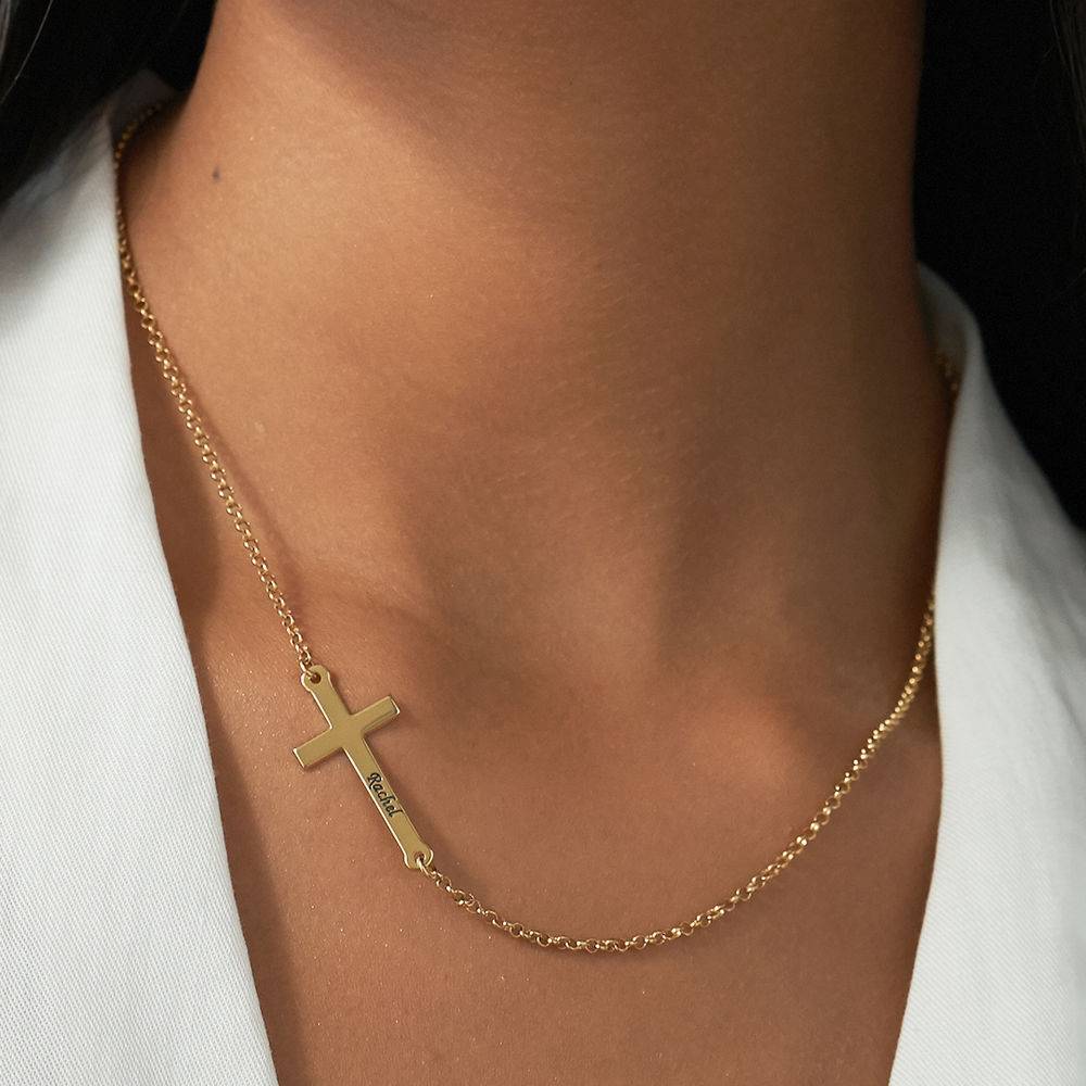 Side Cross Engraved Necklace in Gold Vermeil-4 product photo