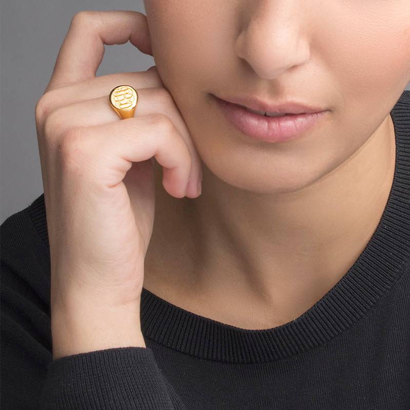 Signet Ring with Engraved Monogram in 18ct Gold Plating-2 product photo