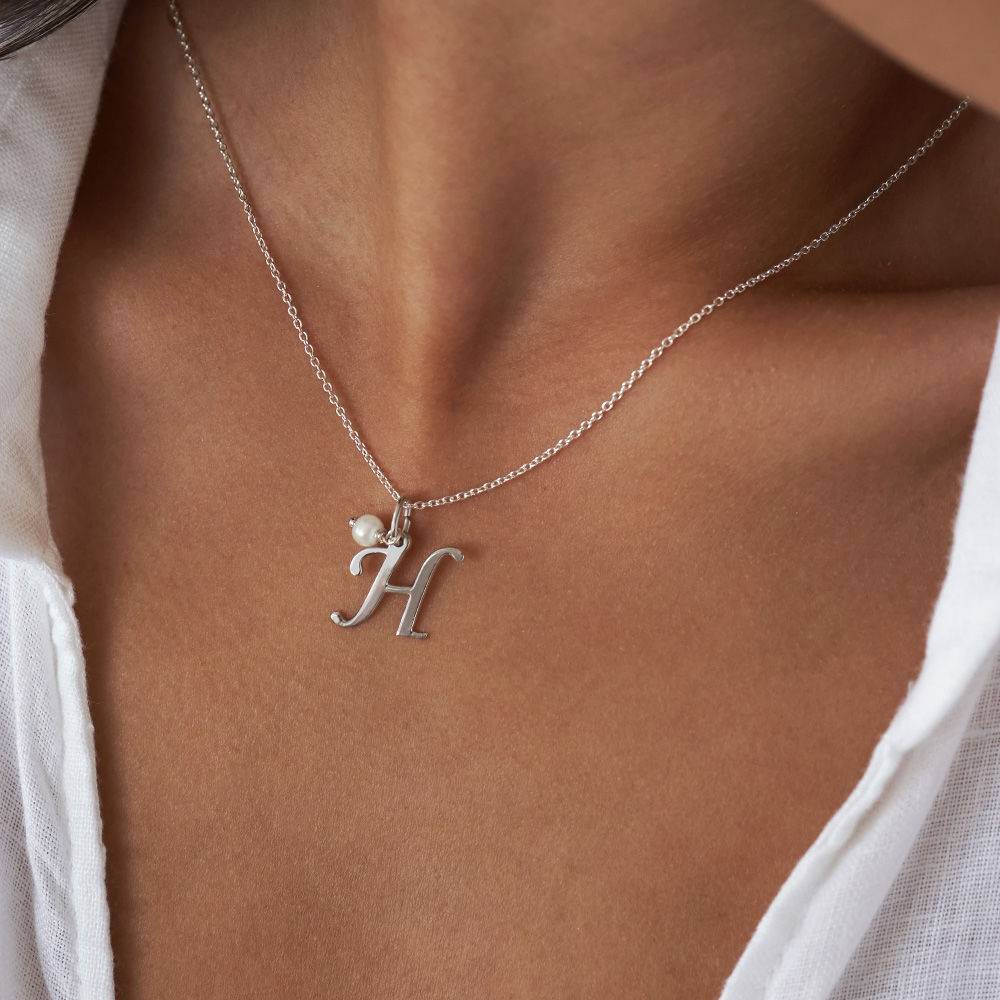 Sterling Silver Initial Necklace with Birthstone-4 product photo