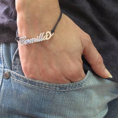 Name Bracelet with Leather Style Cord in Sterling Silver-1 product photo