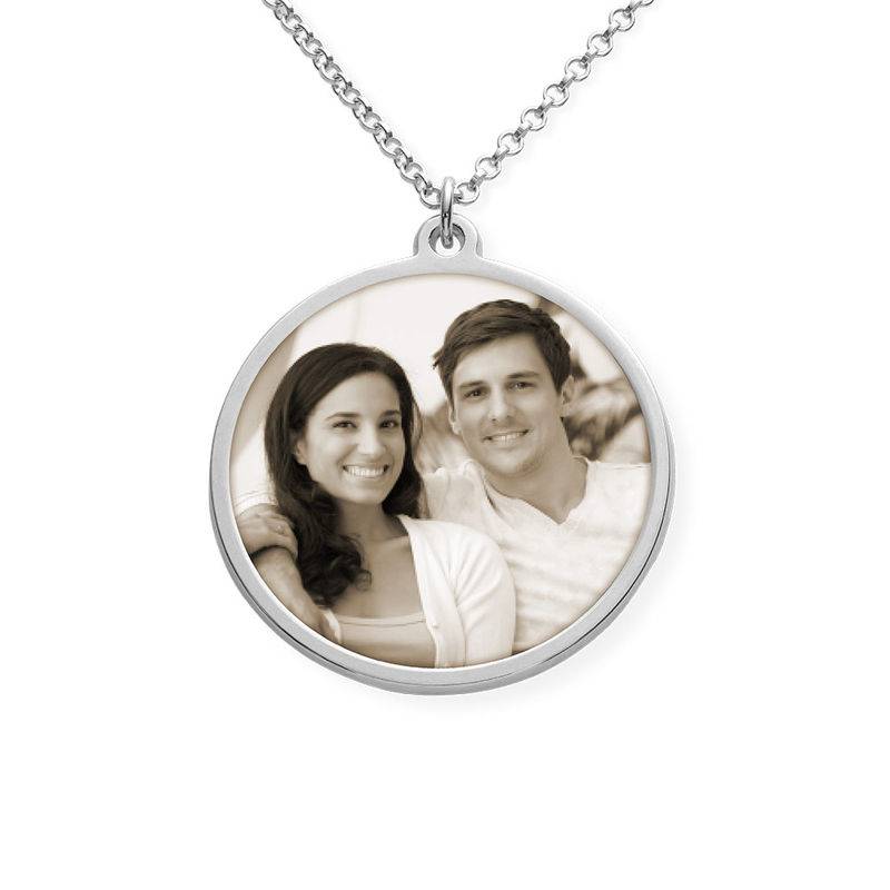 Silver Round Pendant Necklace with Photo Engraved product photo