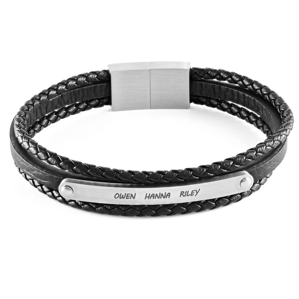 Stacked Black Leather Bracelets with an Engraved Bar-6 product photo