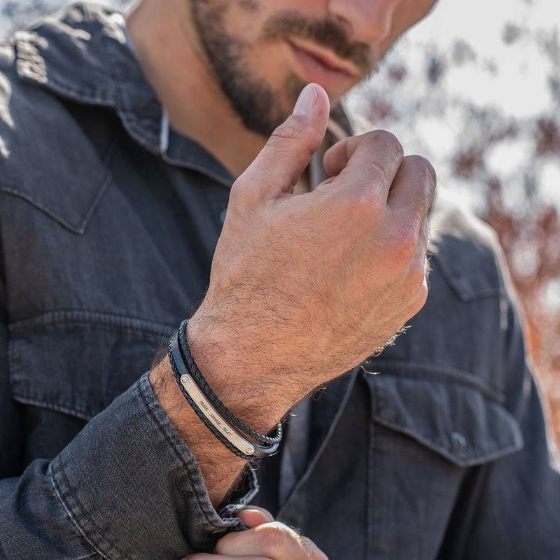 Stacked Black Leather Bracelets with an Engraved Bar-1 product photo