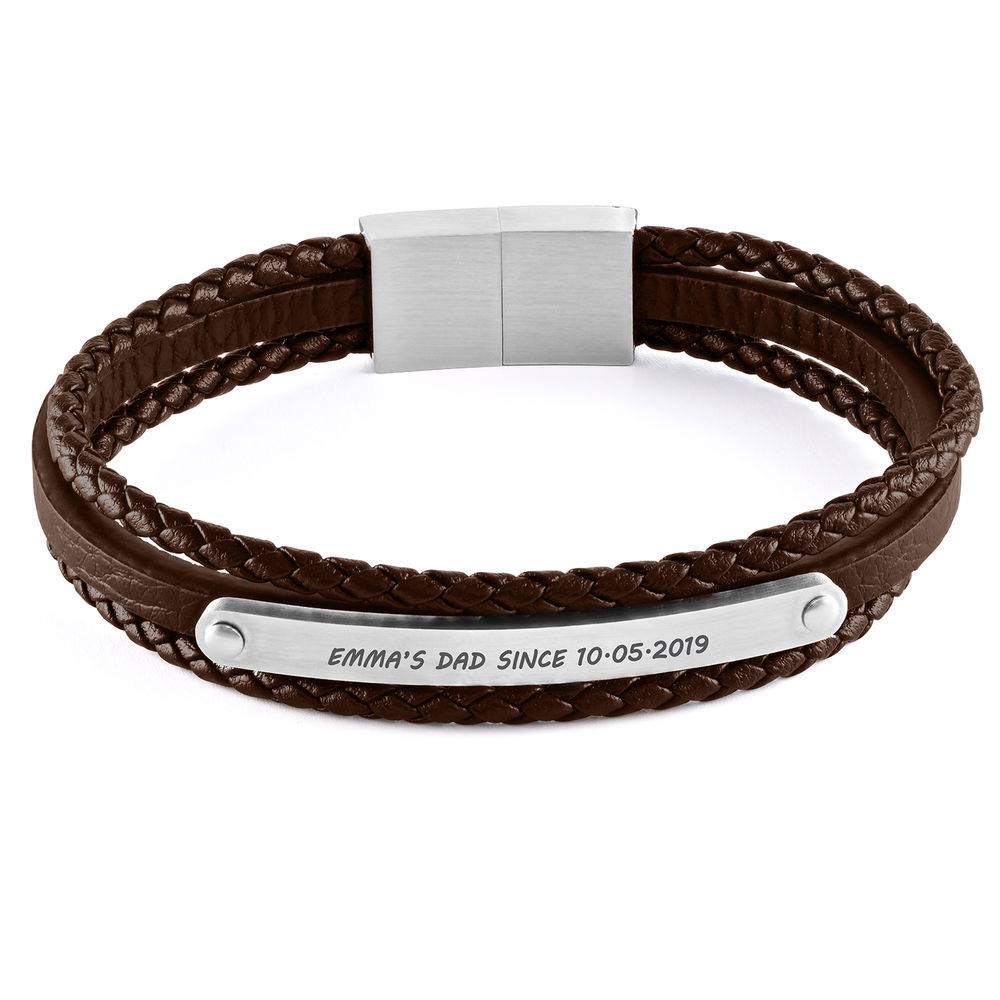Stacked Brown Leather Bracelets with an Engraved Bar-3 product photo