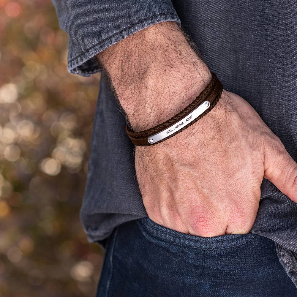 Stacked Brown Leather Bracelets with an Engraved Bar-2 product photo