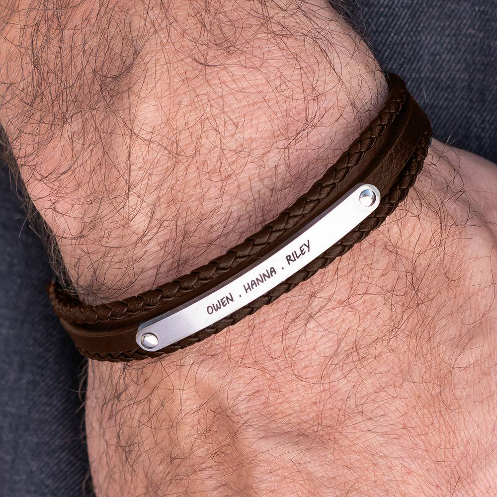 Stacked Brown Leather Bracelets with an Engraved Bar-3 product photo