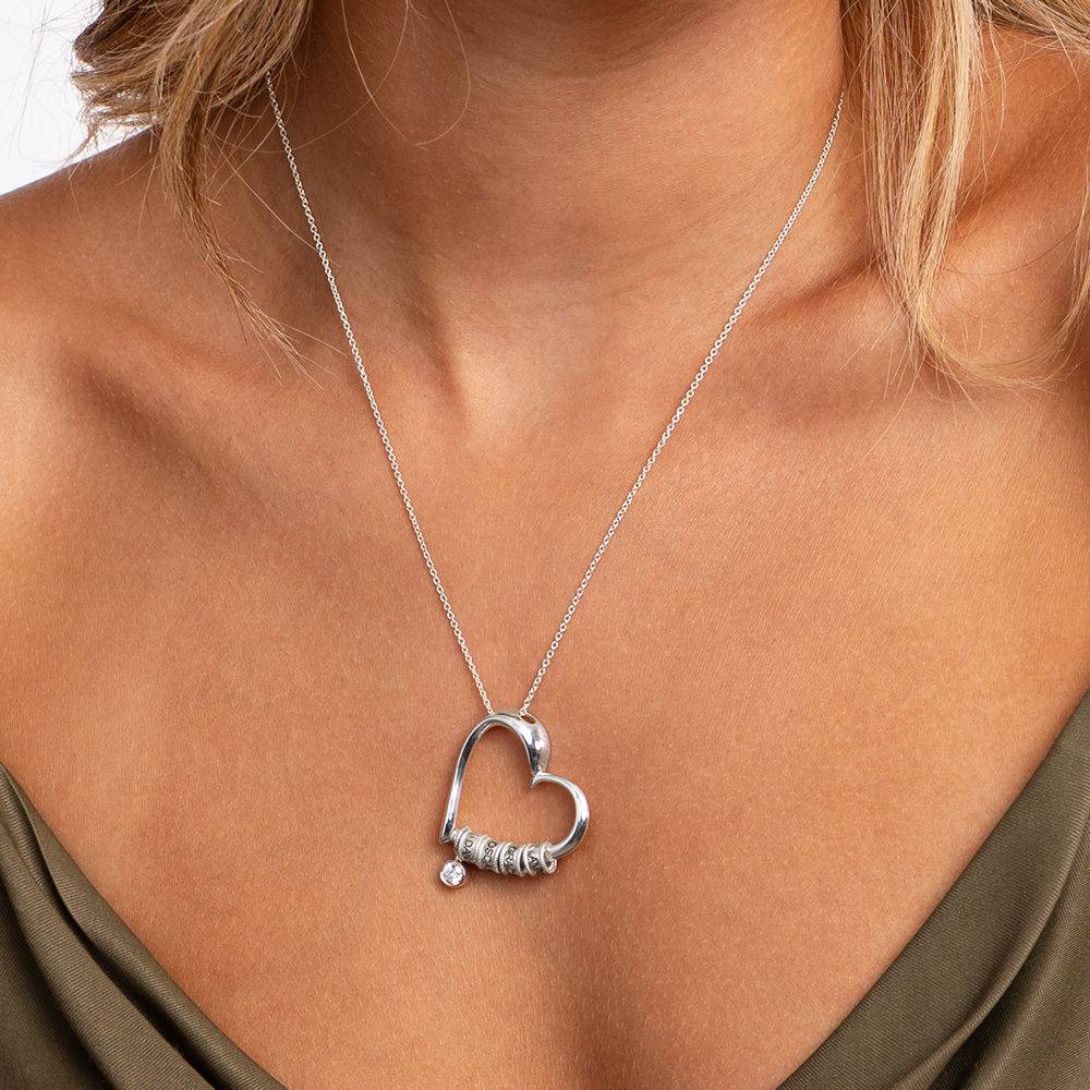 Charming Heart Necklace with Engraved Beads in Sterling Silver with 0.10 ct Diamond-5 product photo