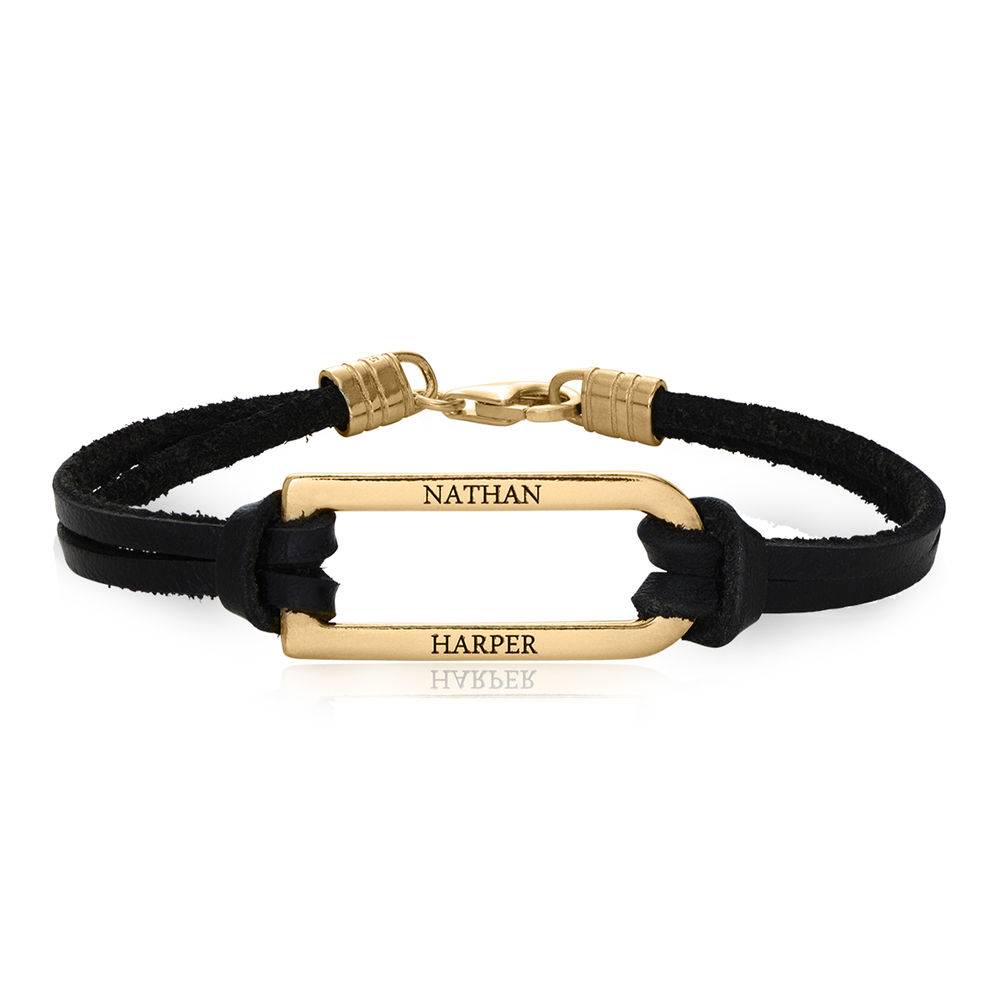 Zwarte leren Titan armband met goud vergulde bar-4 Productfoto