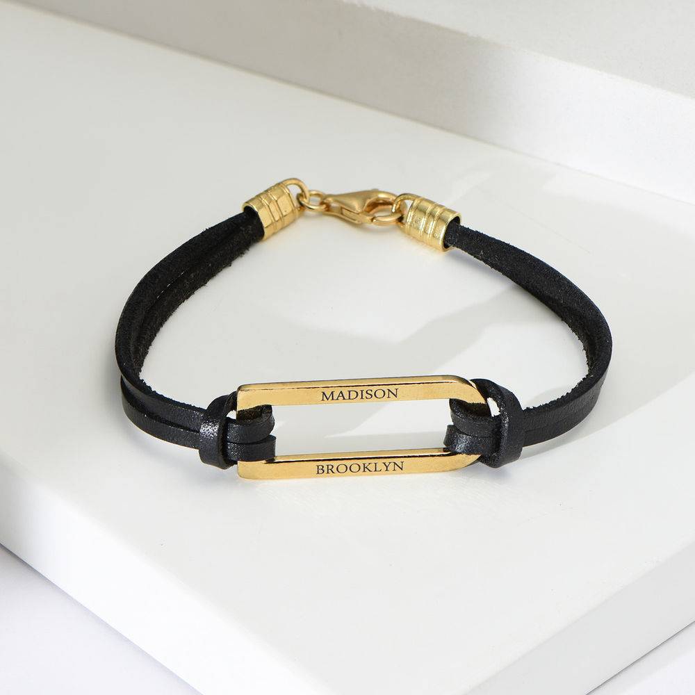 Zwarte leren Titan armband met goud vergulde bar-5 Productfoto