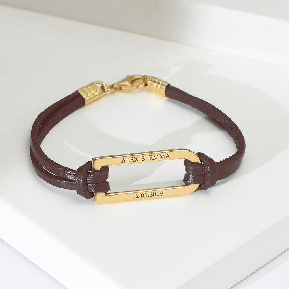 Bruine leren Titan armband met goud vergulde bar-1 Productfoto