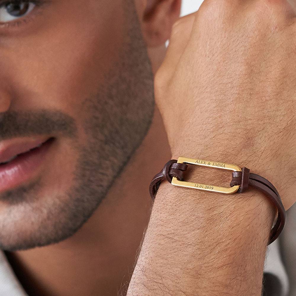Bruine leren Titan armband met goud vergulde bar-4 Productfoto