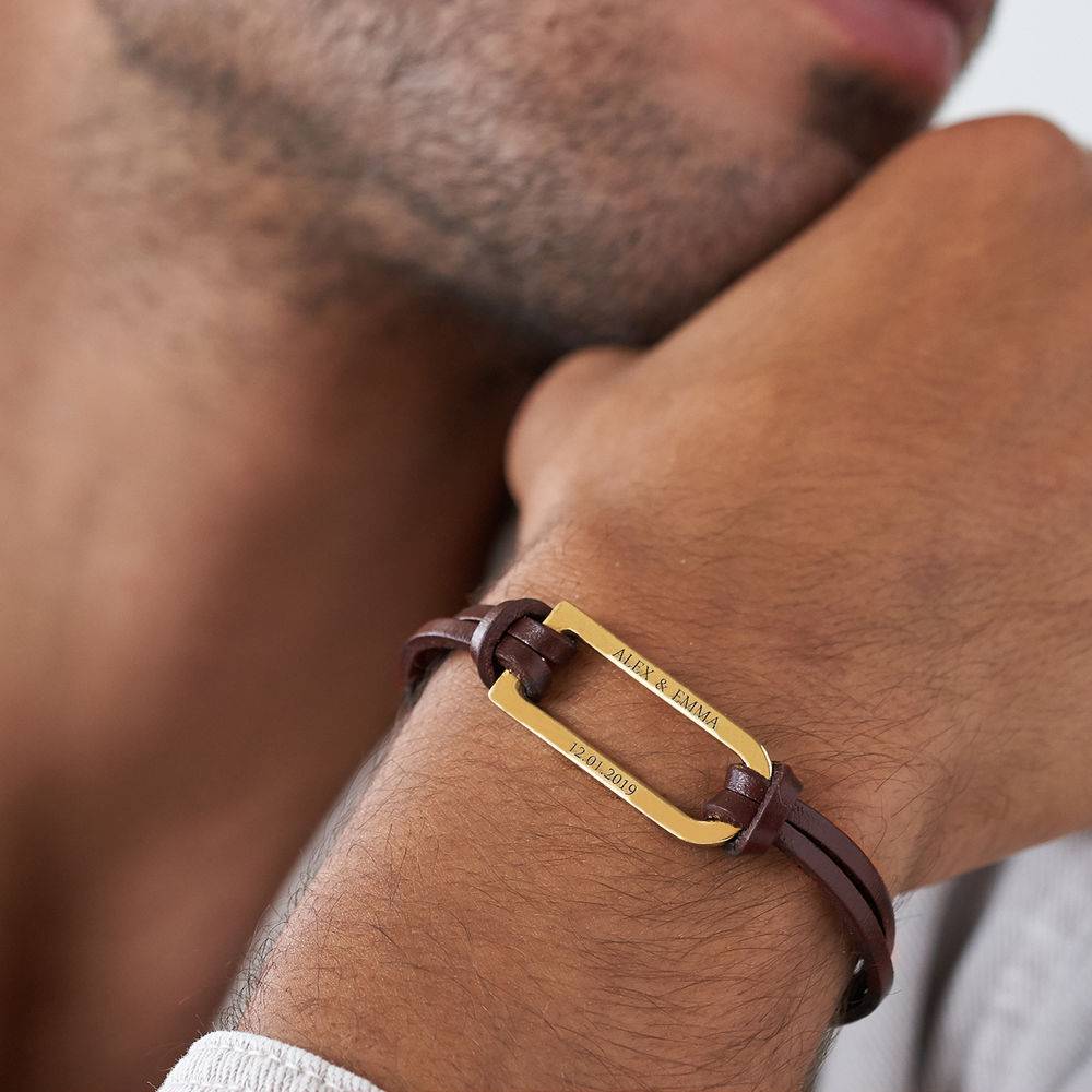 Bruine leren Titan armband met goud vergulde bar-5 Productfoto
