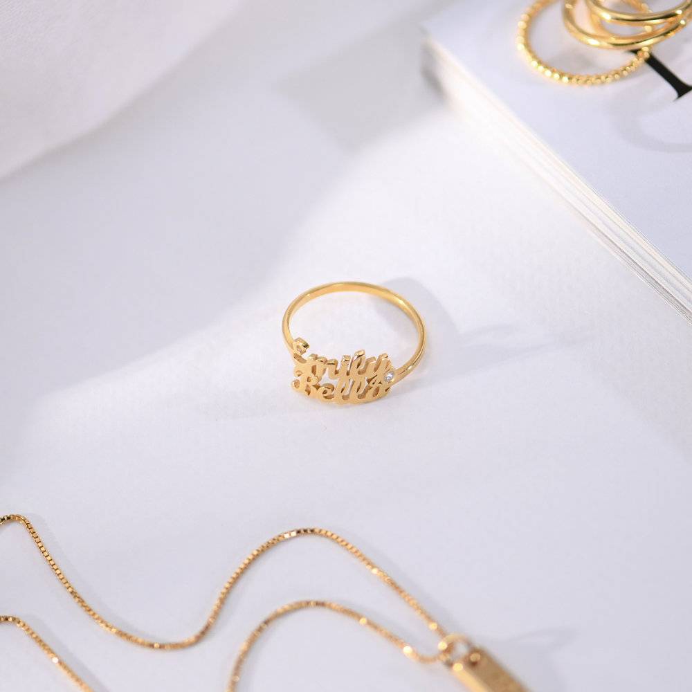 Script Double Name Ring with Diamond in 18ct Gold Plating-1 product photo